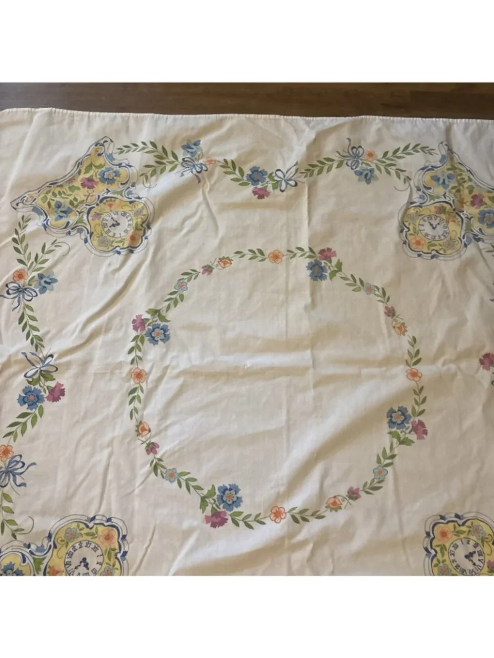 vintage cotton tablecloth Clocks Yellow And Blue 46 X 42